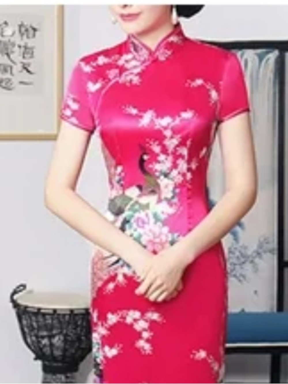 Red vintage Floral Chinese mulberry silk Mini Dress Cheongsam Style Sz XS/ S
